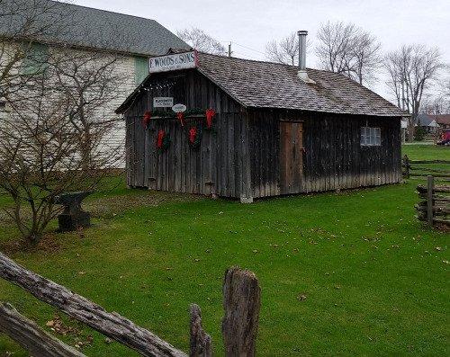 Rustic wooden shed with a tin roof, adorned with red bows, on a grassy yard.