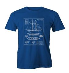 Blue T-shirt with a white sailing ship blueprint design.