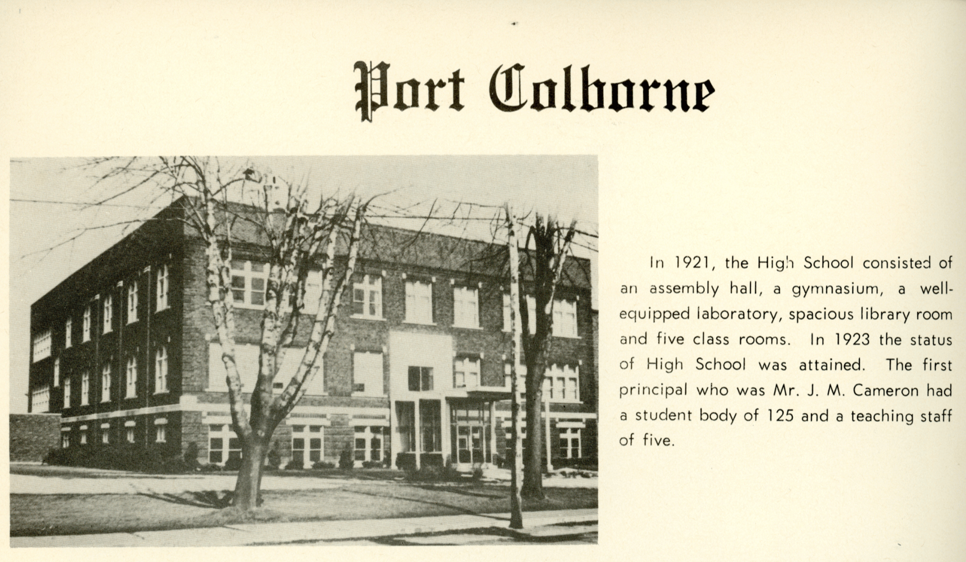 Port Colborne High School, historical black-and-white photo and text description.